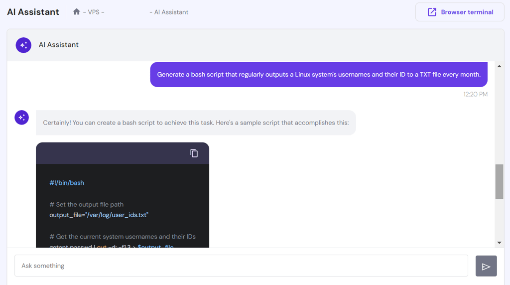 assistente vps com ia da hostinger gerando bash script para listar usuários do vps linux