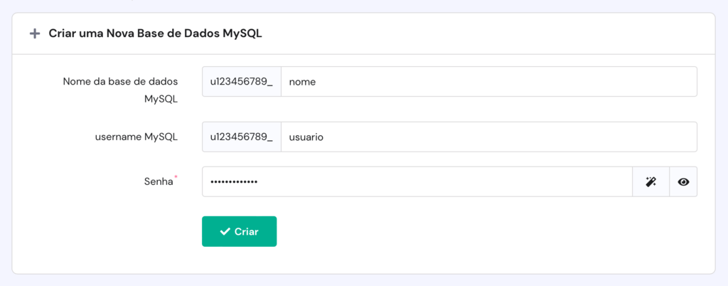 criando novo banco de dados na seção de hospedagem do hpanel