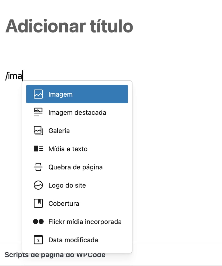 adição rápida de bloco no editor gutenberg do wordpress