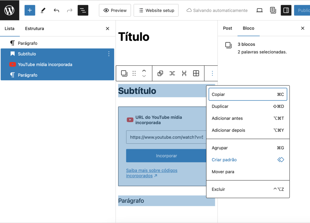 criar padrão de blocos no editor gutenberg do wordpress