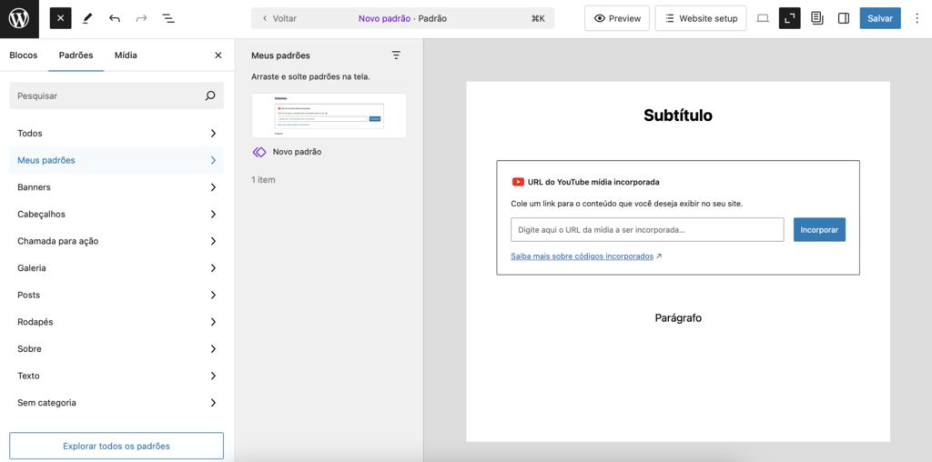 editando padrão no editor gutenberg do wordpress
