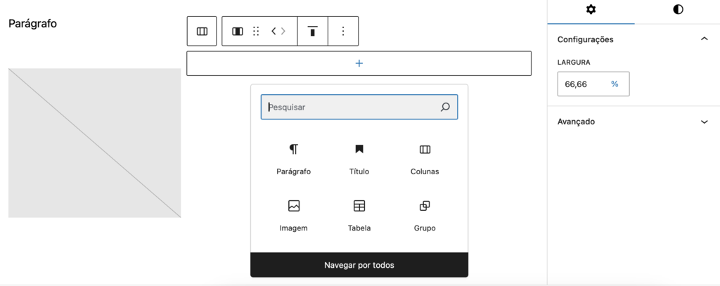 inserindo conteúdo dentro de coluna no editor gutenberg do wordpress