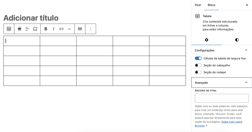 configurações de tabela no wordpress