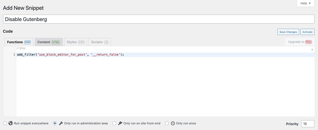 adicionando código para desabilitar editor gutenberg no plugin code snippets para wordpress