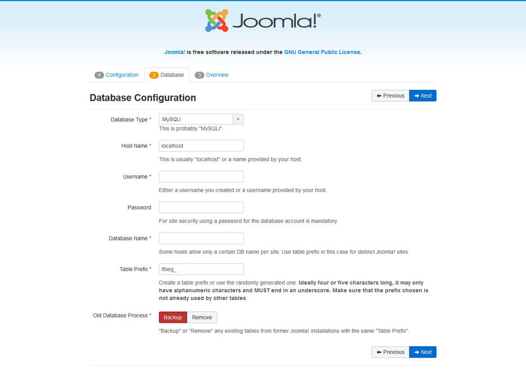 configurando banco de dados joomla