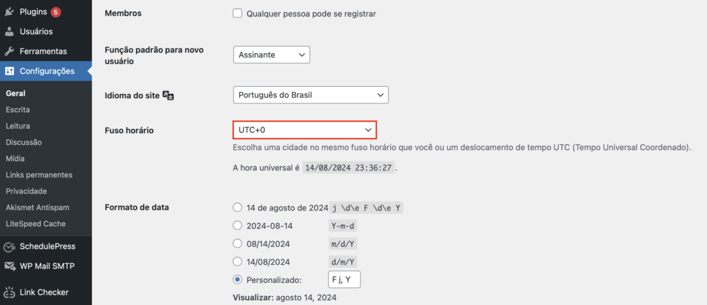 alterando fuso hor&aacute;rio de site wordpress
