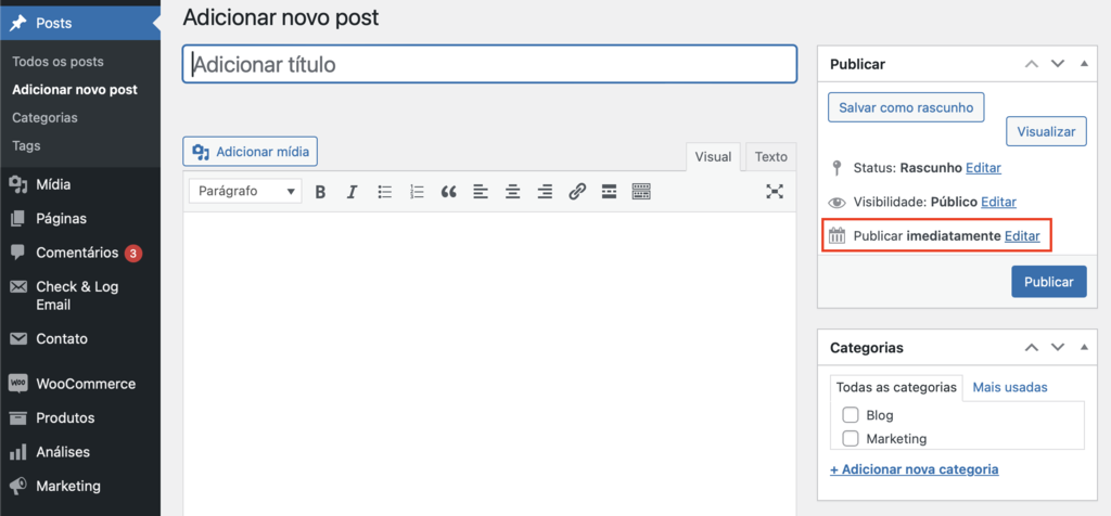 op&ccedil;&atilde;o de publicar imediatamente no editor cl&aacute;ssico do wordpress
