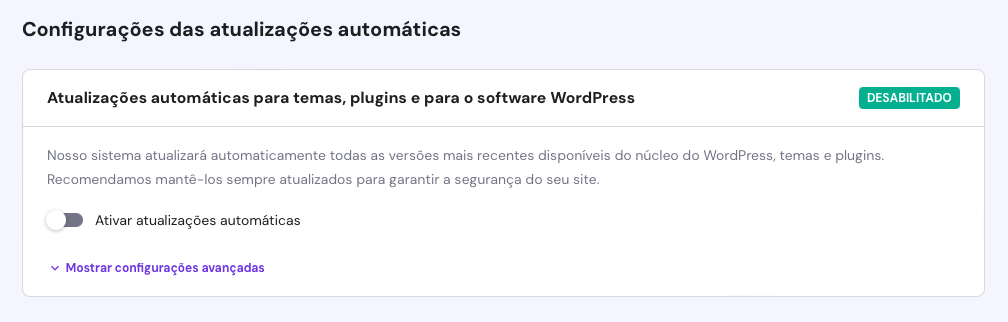 &aacute;rea Configura&ccedil;&otilde;es das atualiza&ccedil;&otilde;es autom&aacute;ticas
no menu do wordpress do hpanel