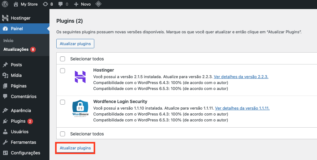 atualizando plugins na aba atualiza&ccedil;&otilde;es do wordpress