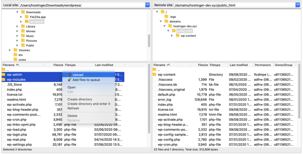 enviando as pastas wp-admin e wp-includes do wordpress no filezilla