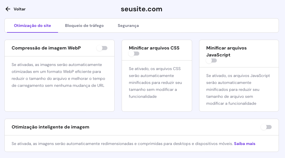 op&ccedil;&otilde;es de otimiza&ccedil;&atilde;o do site dentro da cdn da hostinger no hpanel