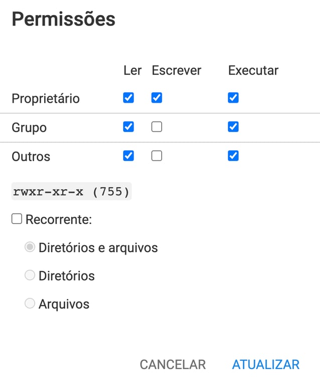 A janela de permiss&otilde;es no gerenciador de arquivos Hostinger