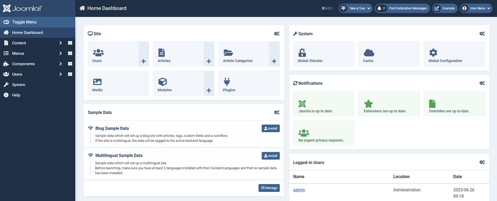 painel de controle do joomla