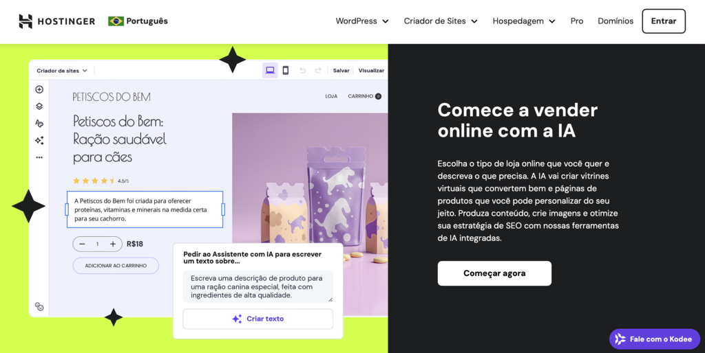 p&aacute;gina inicial do criador de loja virtual com ia da hostinger