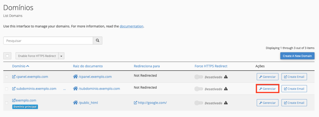bot&atilde;o gerenciar dom&iacute;nios no cpanel