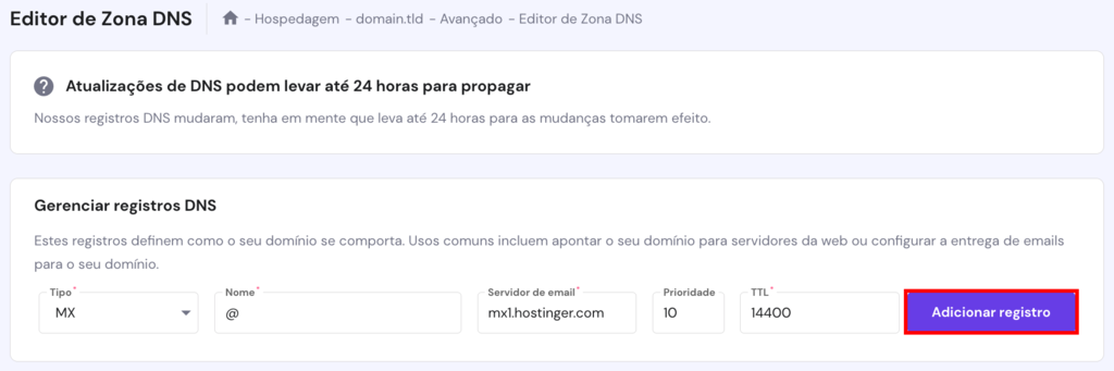 O processo de adição de um novo registro MX ao Hostinger DNS Editor.