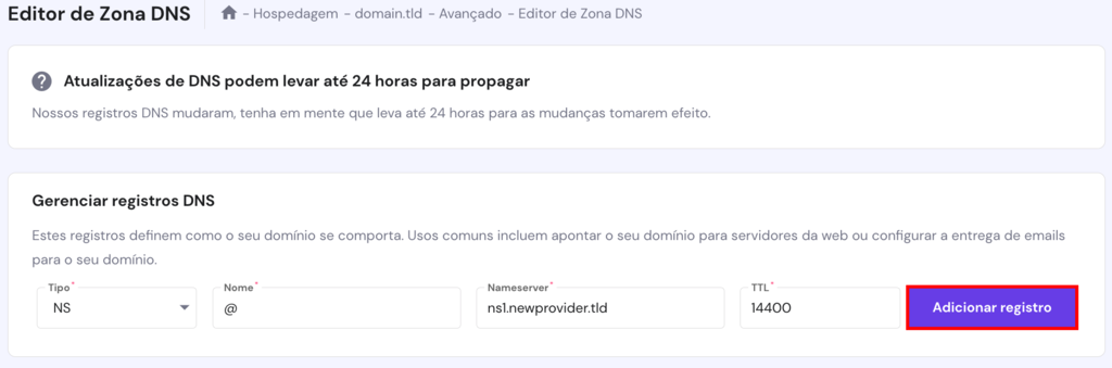 O processo de adição de um novo registro NS ao Hostinger DNS Editor.