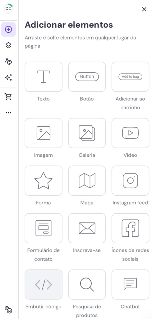 adicionando elemento de c&oacute;digo personalizado no criador de sites da hostinger