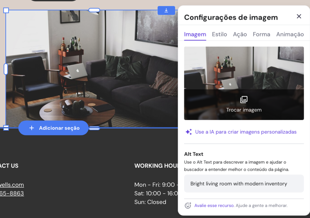 configura&ccedil;&otilde;es de imagem no criador de sites da hostinger