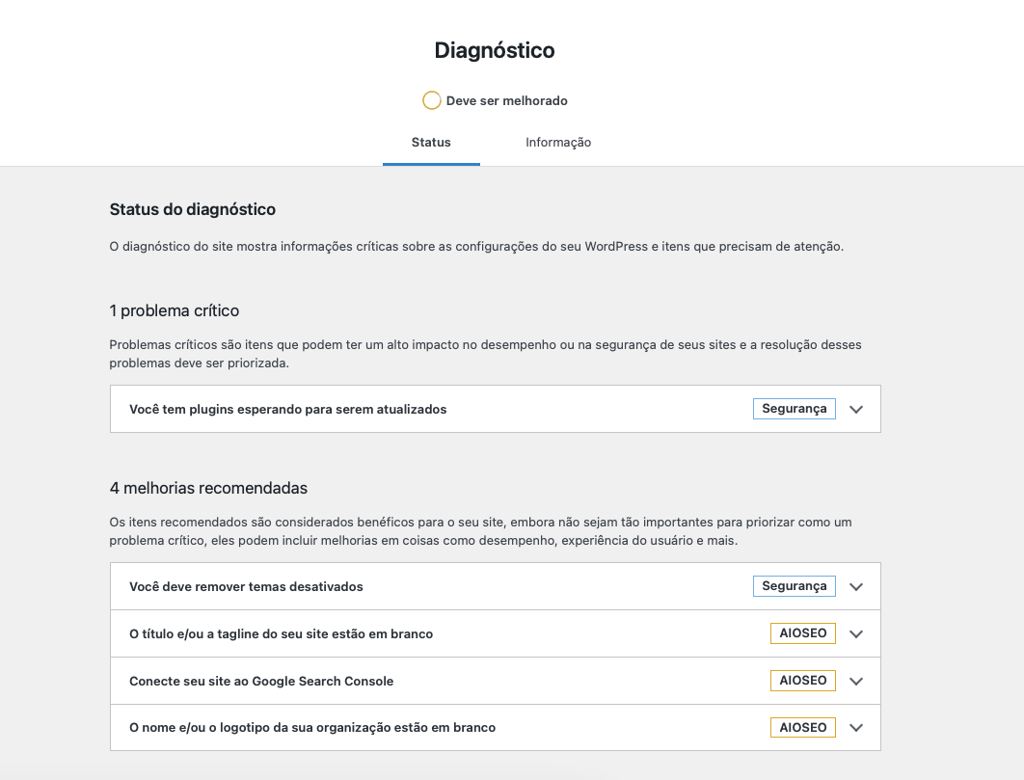 ferramenta diagn&oacute;stico no wordpress