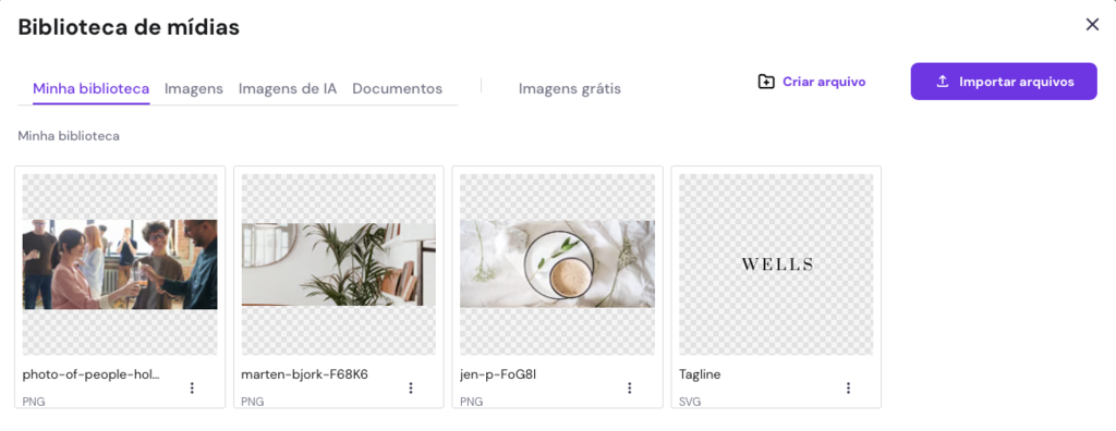 biblioteca de m&iacute;dias no criador de sites da hostinger