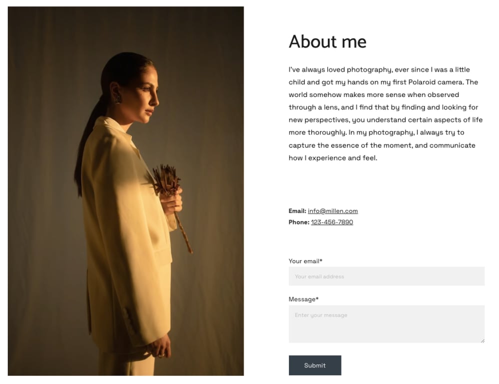 exemplo de p&aacute;gina sobre de site de fotografia criado com o criador de sites da hostinger