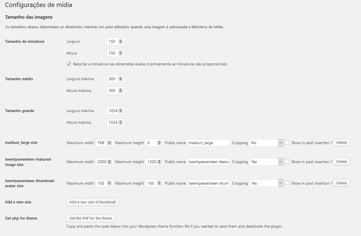 Tela de configuração da imagem destacada WordPress