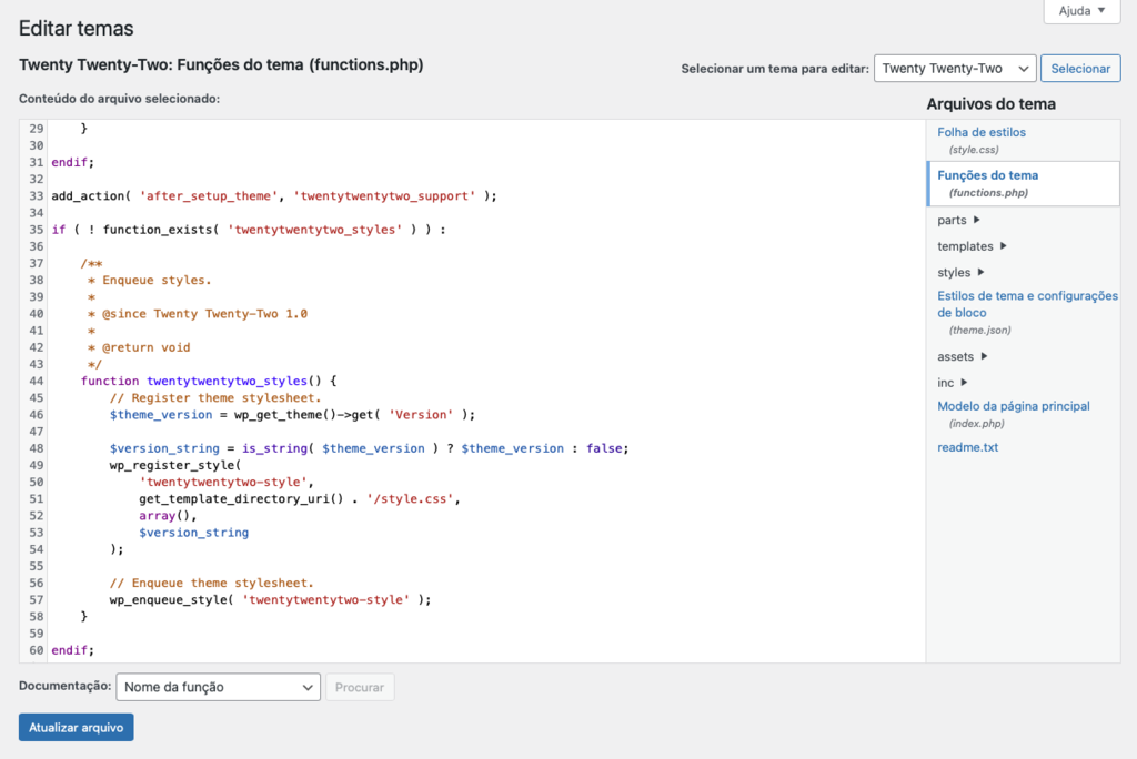 editando arquivo functions.php do tema wordpress no painel de administra&ccedil;&atilde;o do WP
