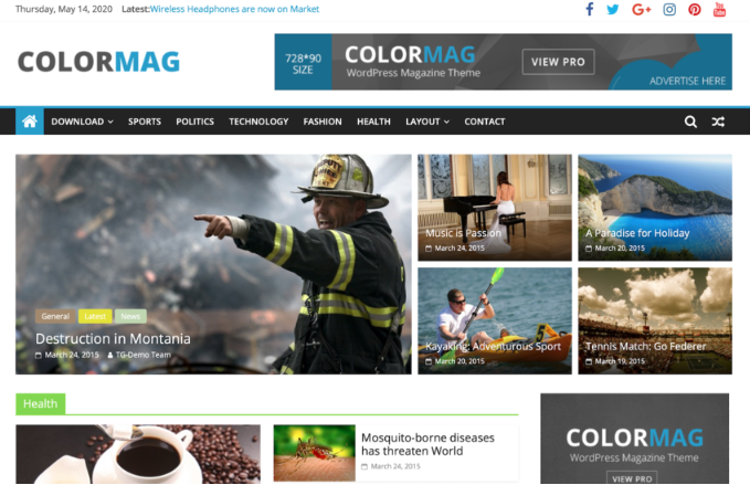 p&aacute;gina inicial do template WordPress ColorMag
