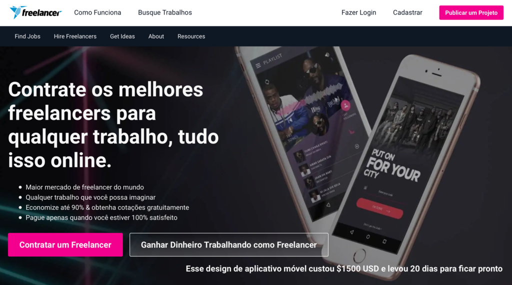 p&aacute;gina inicial do site freelancer.com