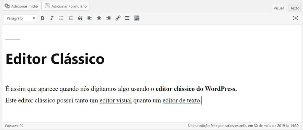 Exemplo de texto digitado no editor clássico do WordPress