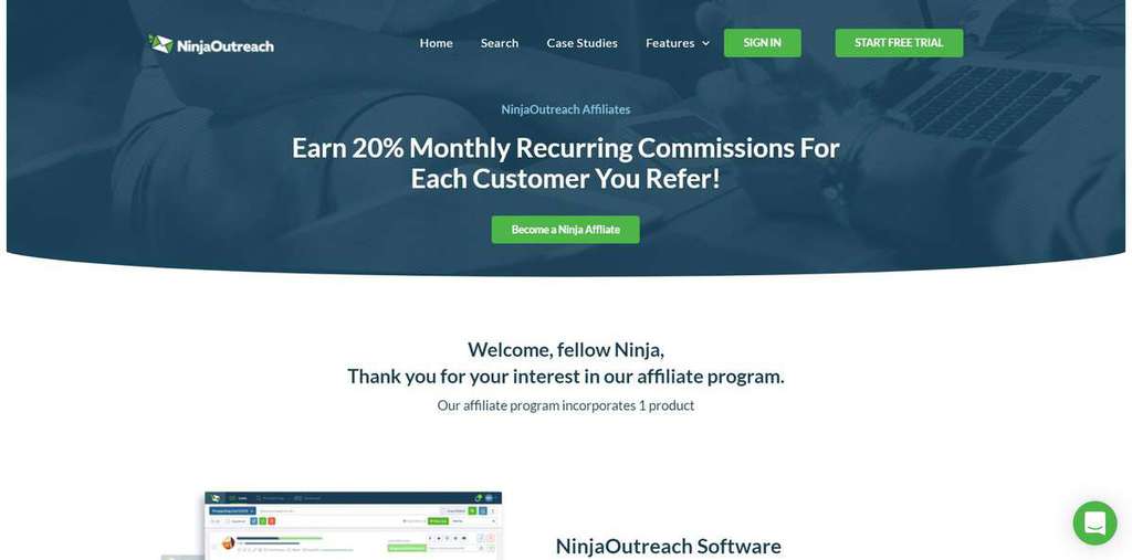 P&aacute;gina inicial do site de afiliados Ninja Outreach