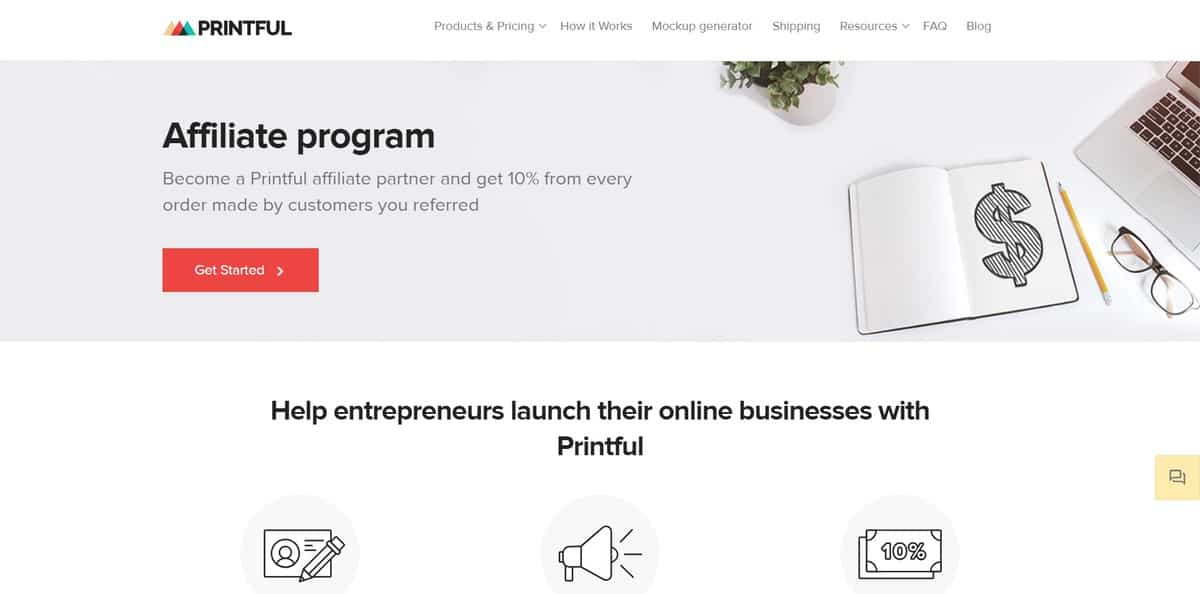 P&aacute;gina inicial do site do programa de Afiliados Printful Affiliate Program