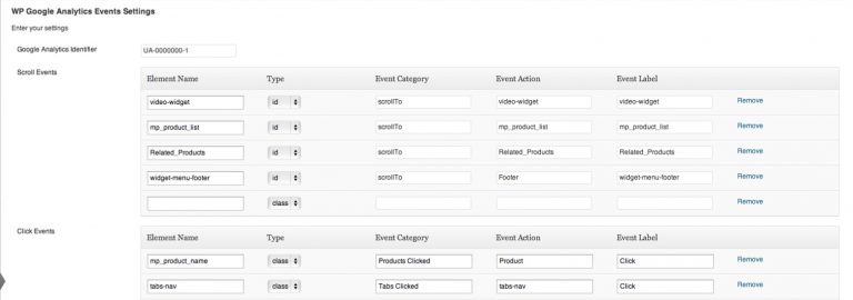 configura&ccedil;&otilde;es de evento no plugin wp google analytics event