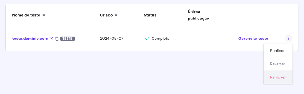 excluindo site de testes wordpress no hpanel