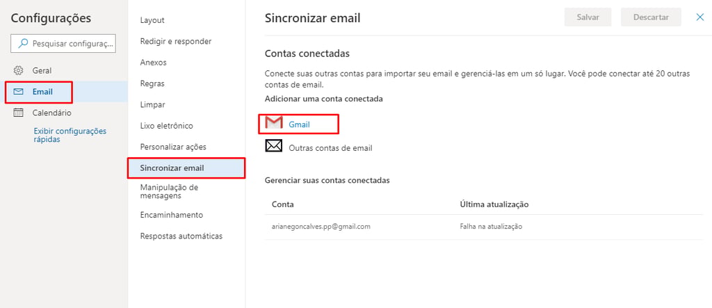 sincronizando gmail no outlook