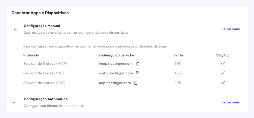 tela de conectar apps e dispositivos na &aacute;rea de email do hpanel