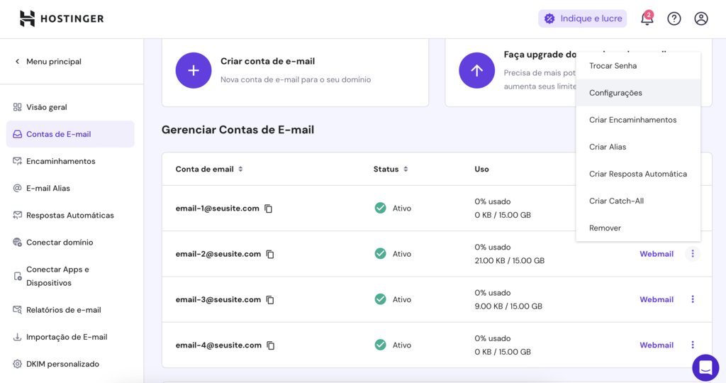 configura&ccedil;&otilde;es de email no hpanel