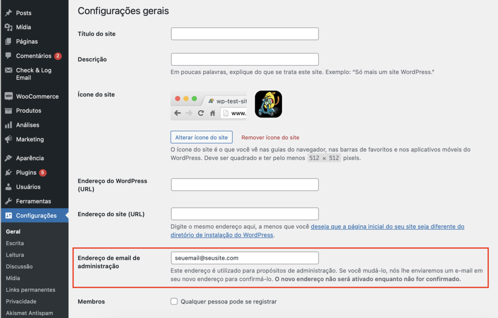 campo do endere&ccedil;o de email de administra&ccedil;&atilde;o nas configura&ccedil;&otilde;es do wordpress