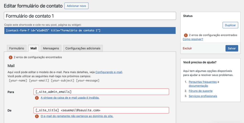 erros em configura&ccedil;&atilde;o de formul&aacute;rio de contato no contact form 7