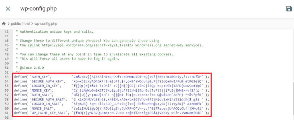 arquivo wp-config.php do wordpress com wordpress salts