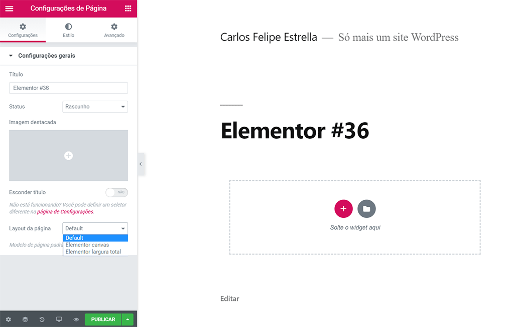 tela de edi&ccedil;&atilde;o de configura&ccedil;&otilde;es de p&aacute;gina no elementor