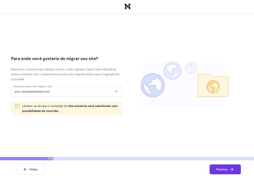 assistente de migra&ccedil;&atilde;o de site wordpress da hostinger: definindo dom&iacute;nio para o qual o site ser&aacute; transferido