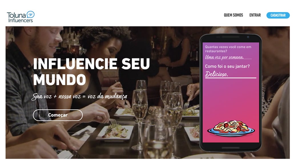 p&aacute;gina inicial do site de pesquisas toluna influencers