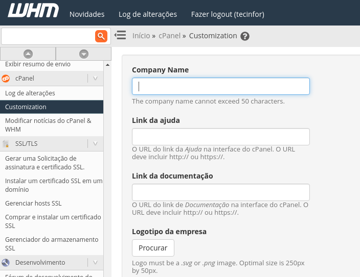 opção de personalizar e customizar a página de revenda do web host manager