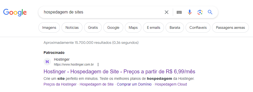 exemplo de an&uacute;ncio da hostinger no google