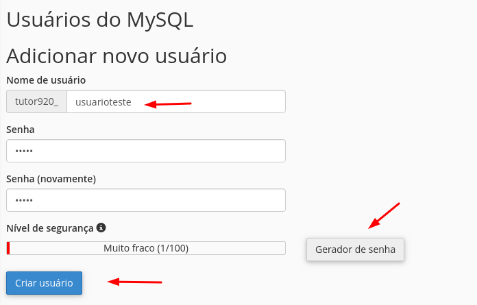 criar novo usuário para banco de dados mysql