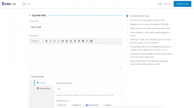 p&aacute;gina de cria&ccedil;&atilde;o de cursos online no painel do Tutor LMS