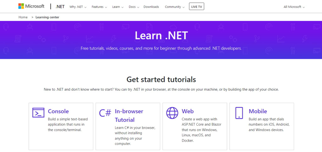learn .net, página da microsoft