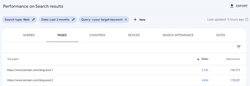 pesquisa do google search console indicando canibalização de artigos